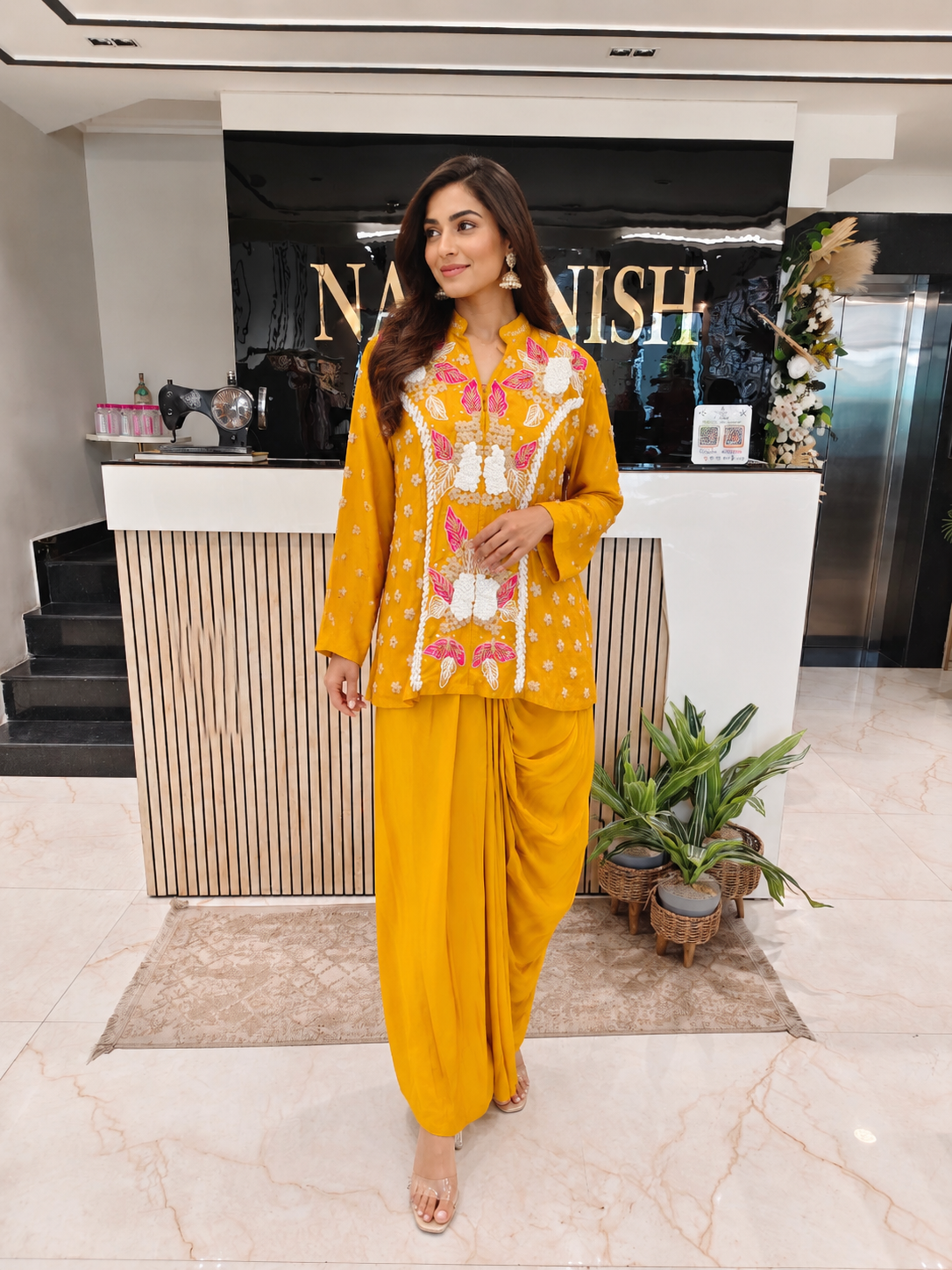 Mustard Indo Western Set
Designer Drape Skirt Outfit
Fusion Festive Wear India
Sequins Work Party Wear
Contemporary Wedding Wear Women