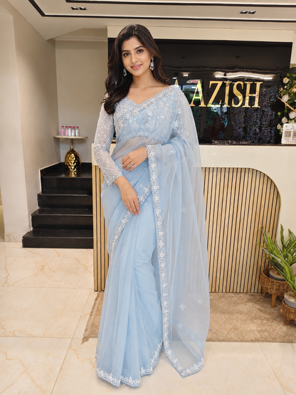 Sky Blue Organza Saree
Organza Designer Saree
Kutdana Work Saree
Party Wear Saree
Wedding Wear Saree