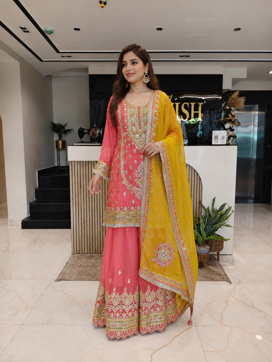 Carrot Pink & Yellow Tissue Sharara Set
Designer Tissue Sharara Suit
Resham Gota Sequins Work Sharara
Wedding Wear Sharara Set
Luxury Ethnic Wear
