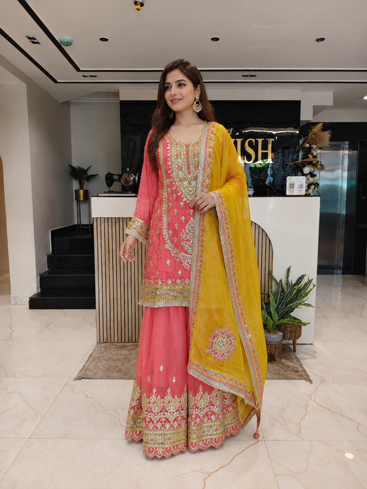 Carrot Pink & Yellow Tissue Sharara Set
Designer Tissue Sharara Suit
Resham Gota Sequins Work Sharara
Wedding Wear Sharara Set
Luxury Ethnic Wear