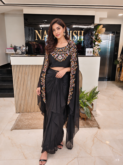 Black Indo Western Dress
Drape Skirt Set for Women
Designer Cocktail Outfit
Kutdana Sequins Indo Western
Party Wear Black Indo Western