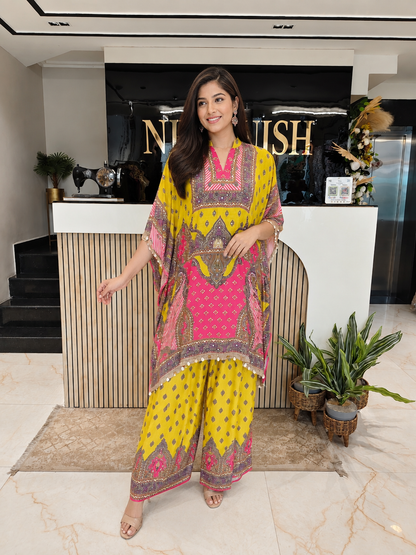 Yellow Silk Indo-Western Kaftan
Designer Silk Kaftan Set
Printed Mirror Work Kaftan
Palazzo Party Wear Kaftan
Luxury Ethnic Wear