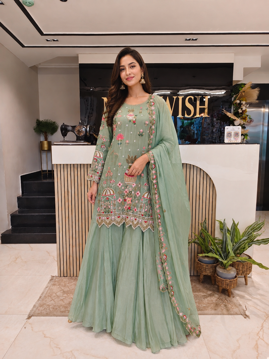 Sea Green Tissue Sharara Set
Designer Sharara Suit
Resham Cutdana Work Sharara
Wedding Wear Sharara Set
Luxury Ethnic Wear