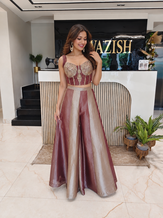 Rose Gold Jacquard Tissue Indo-Western Set
Designer Co-ord Palazzo Set
Printed Cutdana Dabka Work Outfit
Wedding Wear Indo-Western
Luxury Ethnic Wear