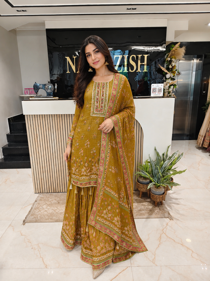 Mustard Tissue Sharara Set
Designer Sharara Suit
Wedding Wear Sharara
Festive Party Wear Ethnic Set
Tissue Designer Suit