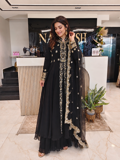 Black Georgette Anarkali Sharara Set
Designer Anarkali Sharara Suit
Wedding Wear Anarkali Set
Festive Party Wear Ethnic Set
Georgette Designer Suit