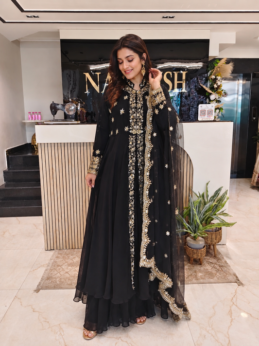 Black Georgette Anarkali Sharara Set
Designer Anarkali Sharara Suit
Wedding Wear Anarkali Set
Festive Party Wear Ethnic Set
Georgette Designer Suit