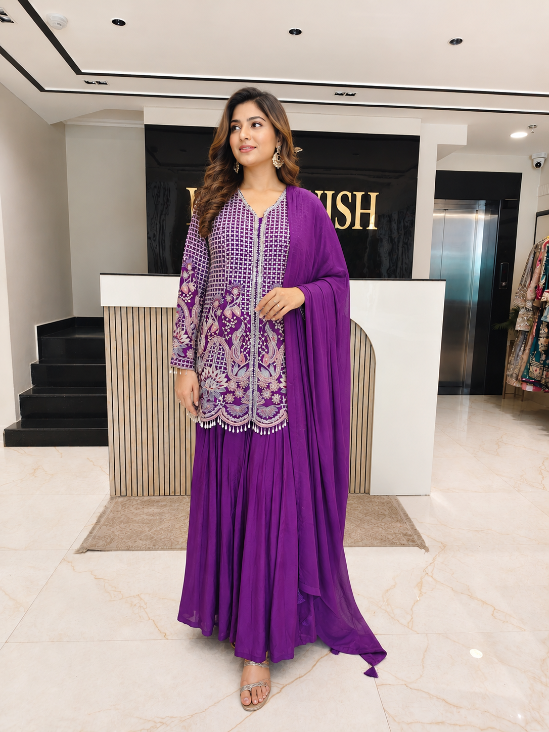 Purple Chinon Kurta Sharara Set
Designer Chinon Sharara Suit
Zari Stone Mirror Work Sharara Set
Wedding Wear Sharara Suit
Luxury Ethnic Wear