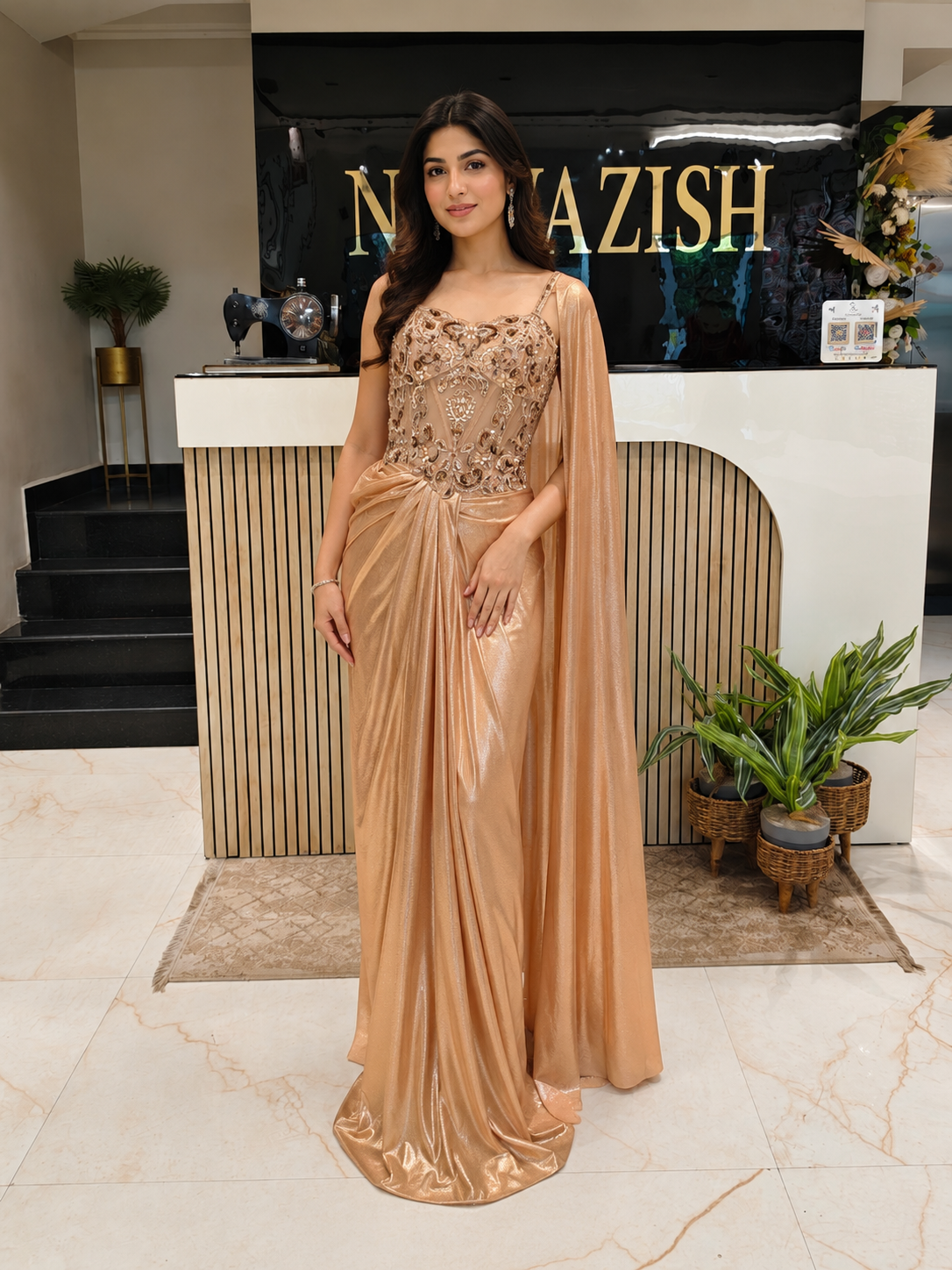 Peach Gold Lycra Indo-Western Gown
Designer Lycra Party Wear Gown
Cutdana Sequins Pearl Work Gown
Wedding Wear Indo-Western Gown
Luxury Ethnic Wear
