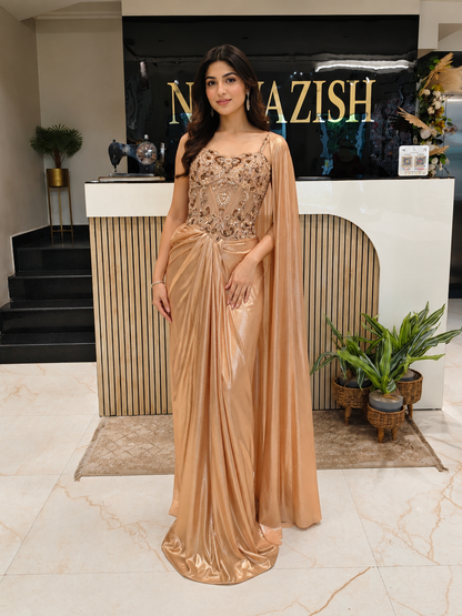 Peach Gold Lycra Indo-Western Gown
Designer Lycra Party Wear Gown
Cutdana Sequins Pearl Work Gown
Wedding Wear Indo-Western Gown
Luxury Ethnic Wear