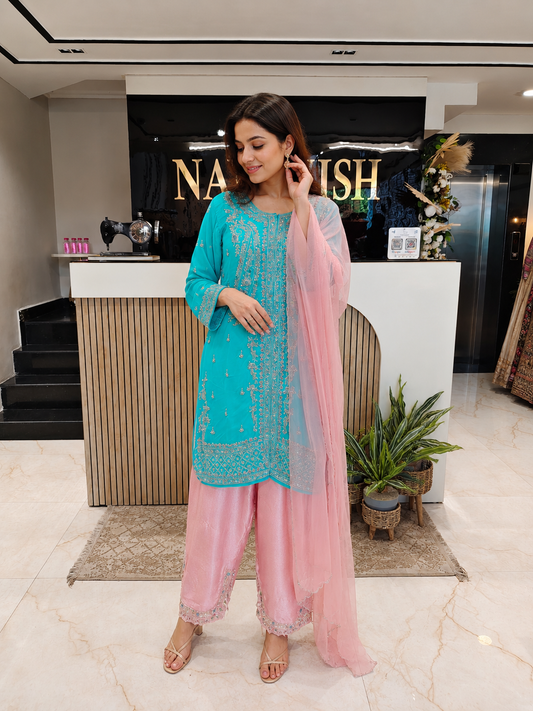 Sea Green & Peach Crepe Kurta Pant Set
Designer Kurta Pant Set
Wedding Wear Kurta Suit
Festive Party Wear Ethnic Set
Crepe Designer Suit