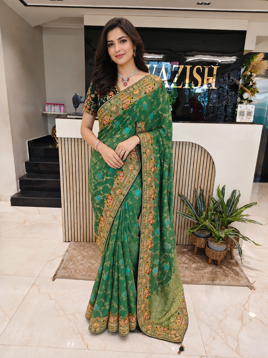 Green Designer Saree
Tissue Saree for Women
Resham Zari Work Saree
Wedding Wear Saree India
Luxury Party Wear Saree