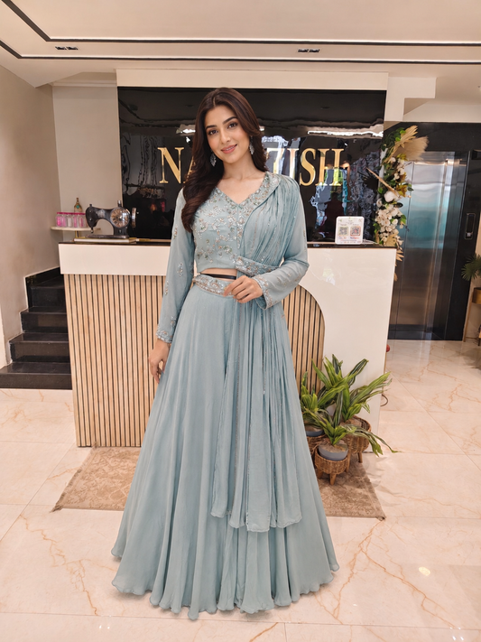 Sea Green Sharara Set
Indo Western Festive Wear
Kutdana Dabka Work Outfit
Designer Fusion Wear India
Contemporary Wedding Wear Women