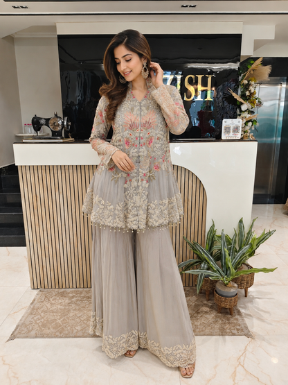Grey Blazer Style Sharara Set
Tissue Sharara Set
Designer Indo Western Sharara
Wedding Wear Sharara Set
Party Wear Blazer Sharara
