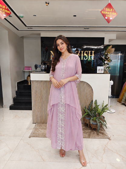 Lavender Indo Western Set
Designer Tulip Set Women
Sequins Work Ethnic Outfit
Contemporary Wedding Wear India
Luxury Fusion Wear Women