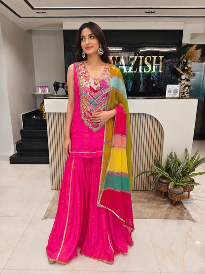 Rani Pink Chinon Sharara Set
Designer Sharara Suit
Wedding Wear Sharara
Festive Party Wear Ethnic Set
Chinon Designer Suit