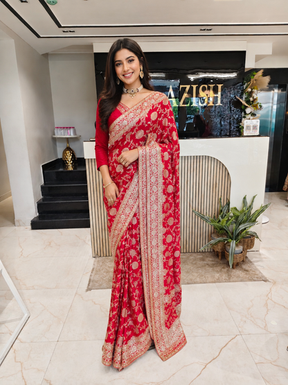 Red Silk Saree
Designer Silk Saree
Zari Work Saree
Wedding Wear Saree
Bridal Silk Saree