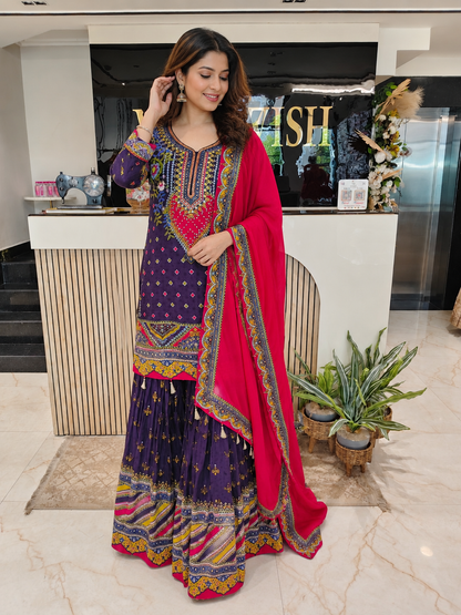 Purple & Red Crepe Sharara Set
Designer Sharara Suit
Wedding Wear Sharara
Festive Party Wear Ethnic Set
Crepe Designer Suit