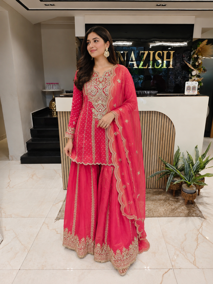 Carrot Pink Tissue Sharara Set
Designer Sharara Suit
Wedding Wear Sharara
Festive Party Wear Sharara
Tissue Ethnic Set