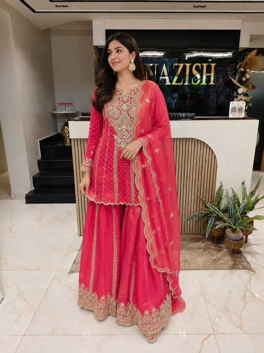 Carrot Pink Tissue Sharara Set
Designer Sharara Suit
Wedding Wear Sharara
Festive Party Wear Sharara
Tissue Ethnic Set