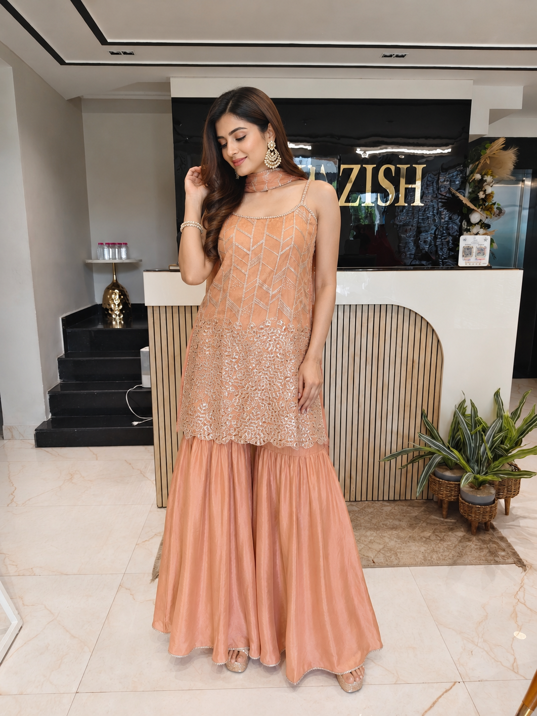 Peach Crush Tissue Kurta Sharara Set
Designer Sharara Suit
Wedding Wear Sharara
Festive Party Wear Ethnic Set
Crush Tissue Designer Suit