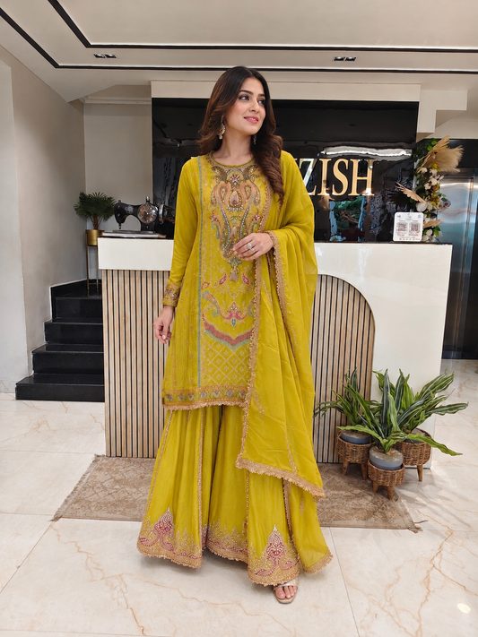 Neon Green Dola Silk Sharara Set
Designer Dola Silk Sharara Suit
Zari Cutdana Mirror Work Sharara
Wedding Wear Sharara Set
Luxury Ethnic Wear