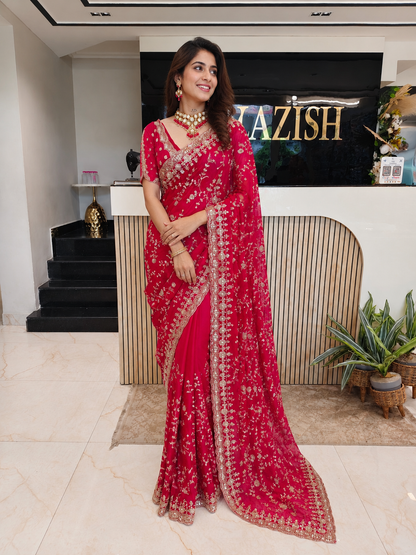 Cherry Red Jimmy Choo Saree
Designer Jimmy Choo Saree
Wedding Wear Saree
Festive Party Wear Saree
Handwork Designer Saree