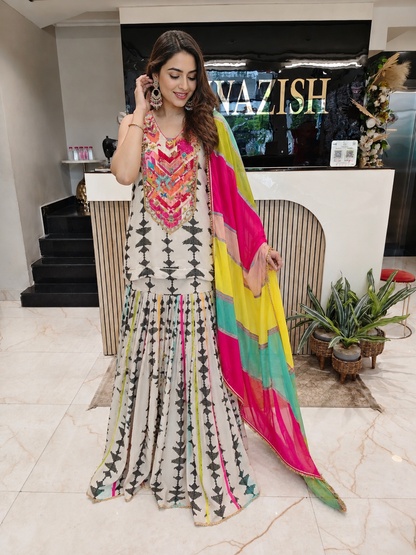 Cream Chinon Garara Set
Designer Garara Suit
Wedding Wear Garara
Festive Party Wear Ethnic Set
Chinon Designer Suit