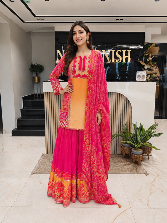 Hot Pink & Orange Crepe Sharara Set
Designer Printed Sharara Suit
Stone Mirror Work Sharara Set
Wedding Wear Sharara Outfit
Luxury Ethnic Wear