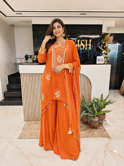 Rust Georgette Sharara Set
Designer Sharara Suit
Wedding Wear Sharara
Festive Party Wear Ethnic Set
Georgette Designer Suit