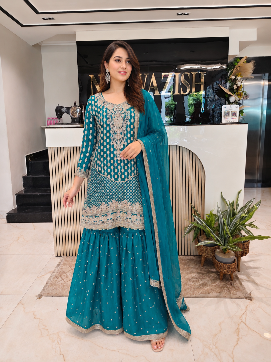 Teal Blue Chinon Sharara Set
Designer Sharara Suit
Wedding Wear Sharara
Festive Party Wear Ethnic Set
Chinon Designer Suit