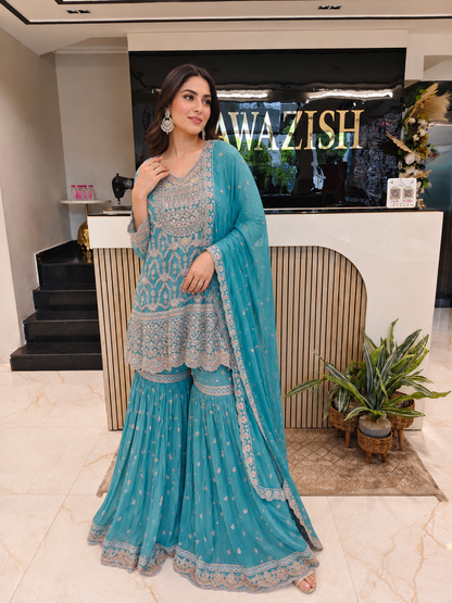 Sea Green Chinon Garara Set
Designer Garara Suit
Wedding Wear Garara
Festive Party Wear Ethnic Set
Chinon Designer Suit