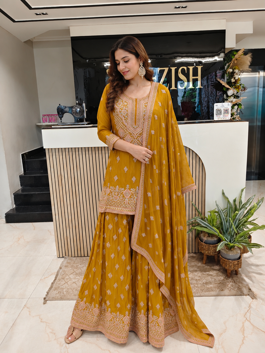 Mustard Chinon Sharara Set
Designer Sharara Suit
Wedding Wear Sharara
Festive Party Wear Ethnic Set
Chinon Designer Suit