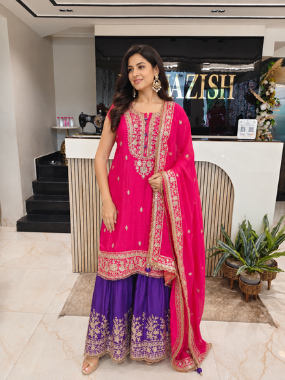 Rani Pink & Purple Chinon Sharara Set
Designer Sharara Suit
Wedding Wear Sharara
Festive Party Wear Ethnic Set
Chinon Designer Suit