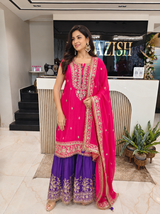 Rani Pink & Purple Chinon Sharara Set
Designer Sharara Suit
Wedding Wear Sharara
Festive Party Wear Ethnic Set
Chinon Designer Suit