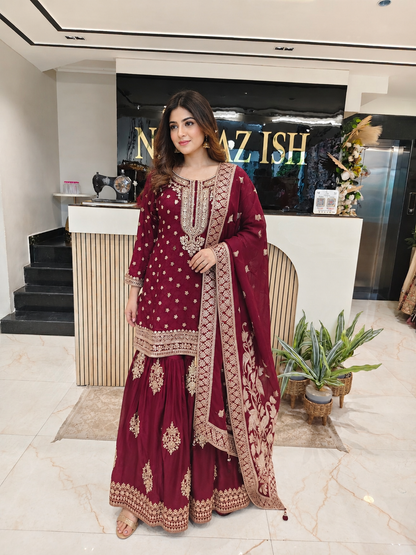 Maroon Dola Silk Garara Set
Designer Garara Suit
Wedding Wear Garara
Festive Party Wear Garara
Dola Silk Ethnic Set