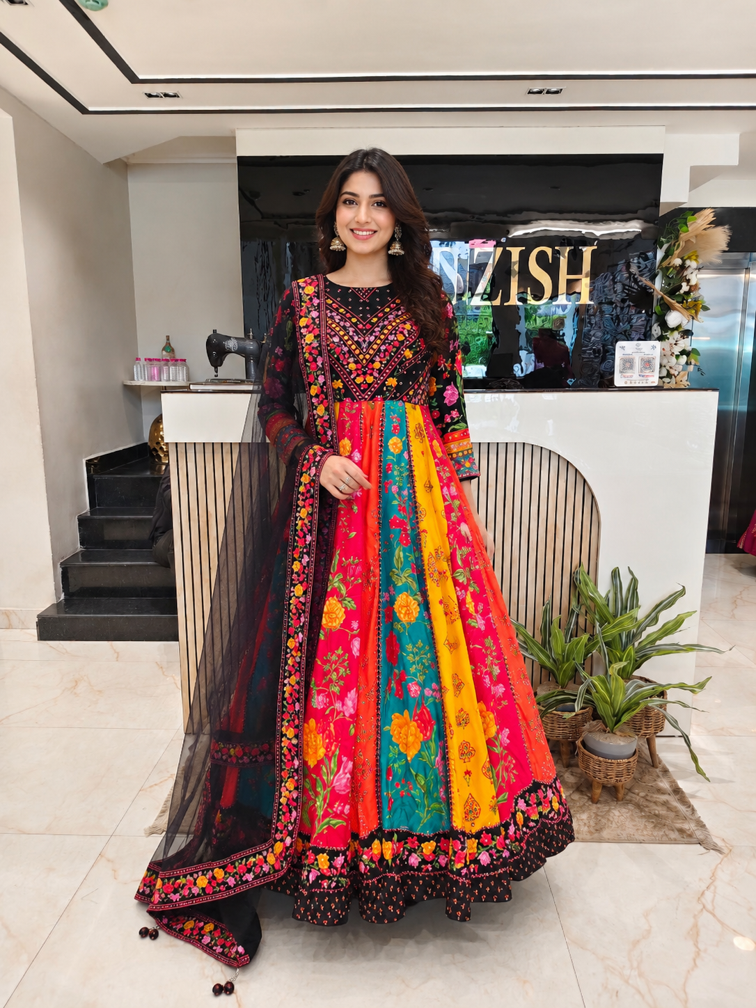 Black Designer Anarkali
Floral Print Silk Outfit
Sequins Work Festive Wear
Wedding Wear Anarkali India
Luxury Party Wear Dress