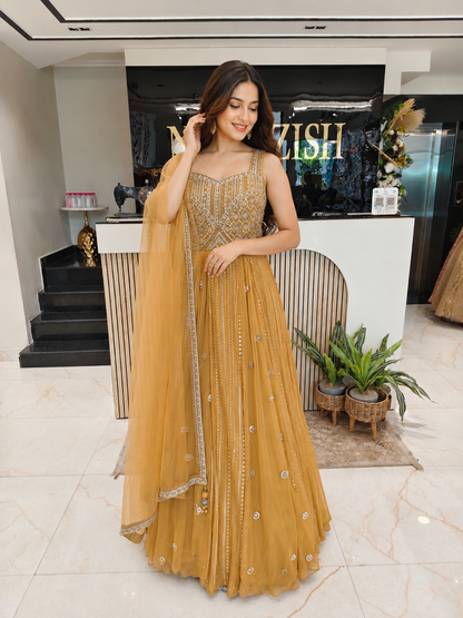 Mustard Anarkali Suit
Designer Georgette Anarkali
Kutdana Resham Work Outfit
Wedding Wear Anarkali India
Luxury Festive Wear Women