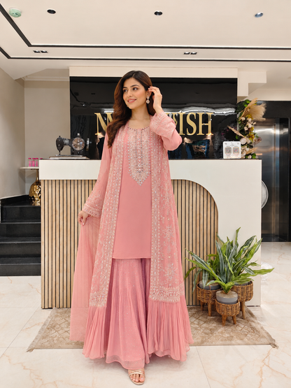 Baby Pink Anarkali Sharara Set
Georgette Anarkali with Shrug
Designer Sharara Suit
Wedding Wear Anarkali
Festive Party Wear Ethnic Set