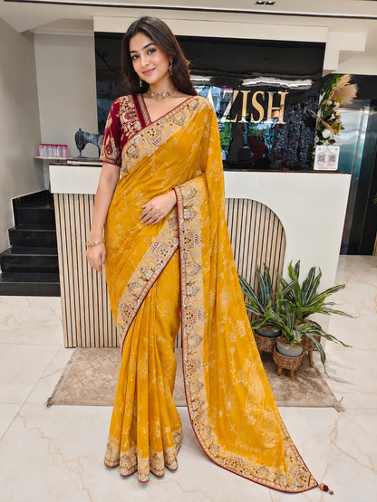 Yellow Maroon Designer Saree
Tissue Saree for Women
Darbari Style Saree India
Wedding Wear Saree Online
Luxury Party Wear Saree