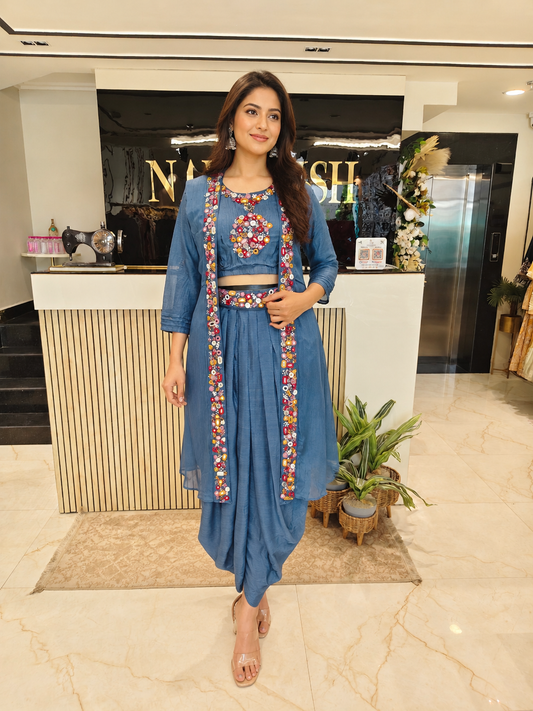 Dust Blue Indo Western Set
Designer Drape Skirt Outfit
Mirror Work Fusion Wear
Contemporary Party Wear India
Wedding Wear for Women