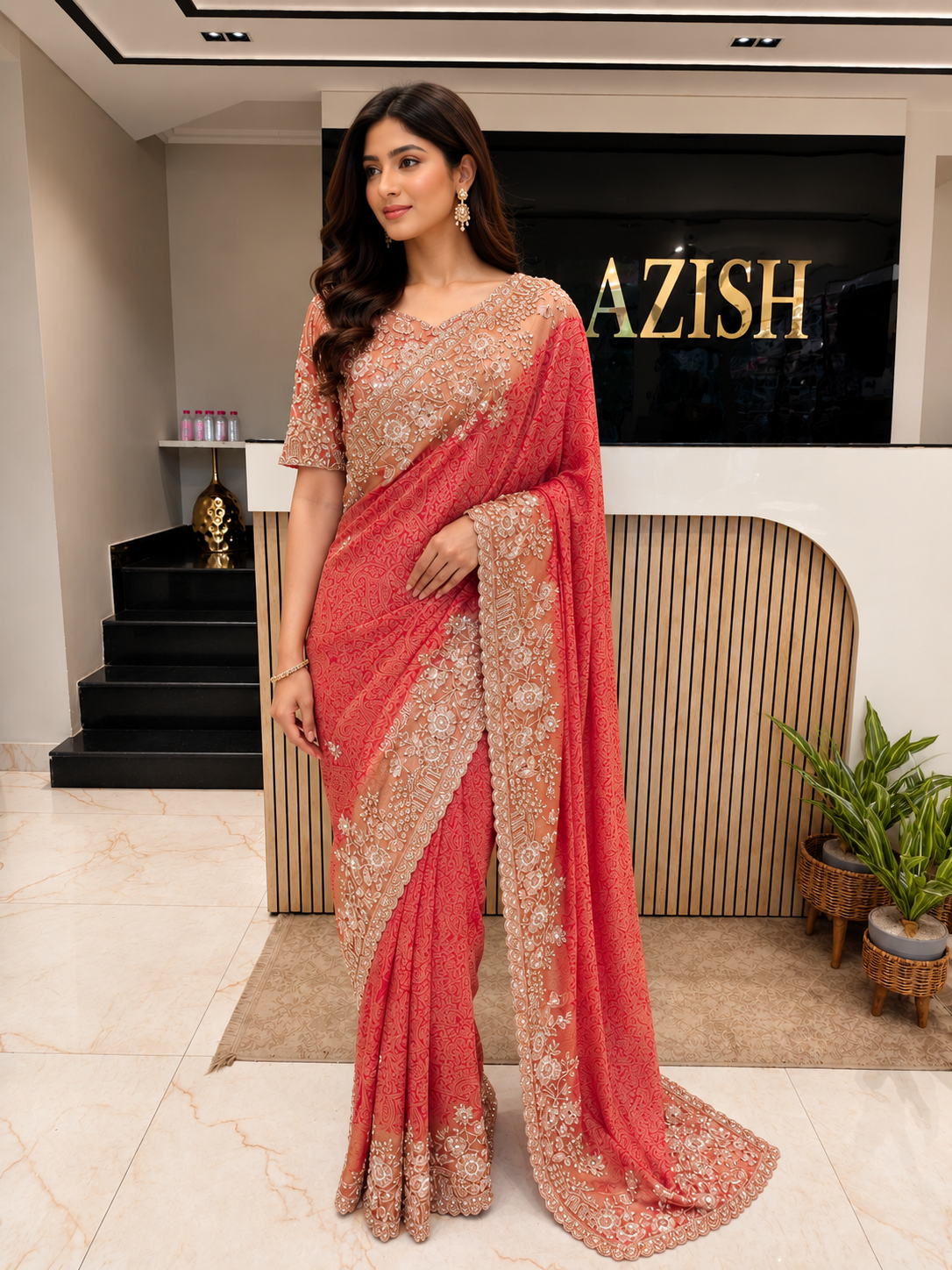 Red Khaddi Georgette Saree