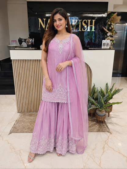 Lavender Jimmy Choo Sharara Set
Designer Sharara Suit
Wedding Wear Sharara
Mirror Work Sharara Set
Festive Party Wear Ethnic Set