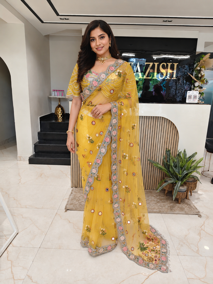 Yellow Net Saree
Mirror Work Saree
Handwork Saree
Designer Party Wear Saree
Wedding Wear Saree