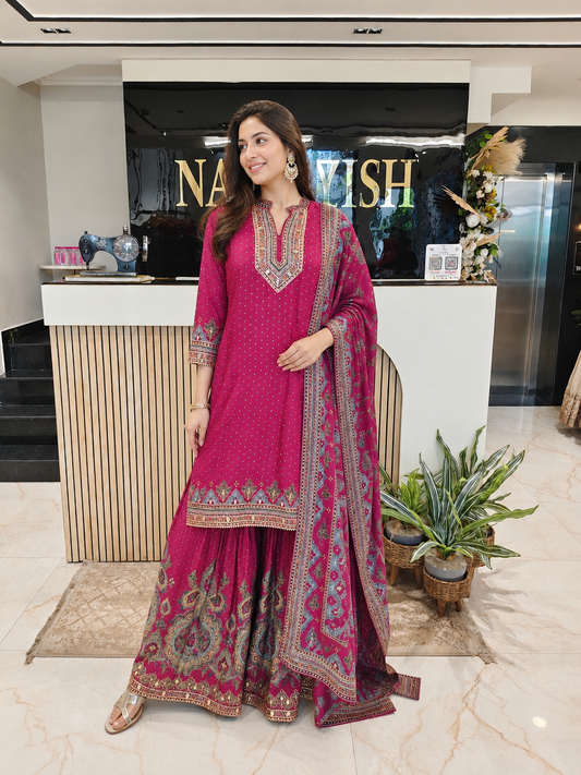 Wine Crepe Sharara Set
Designer Sharara Suit
Wedding Wear Sharara
Festive Party Wear Ethnic Set
Crepe Designer Suit
