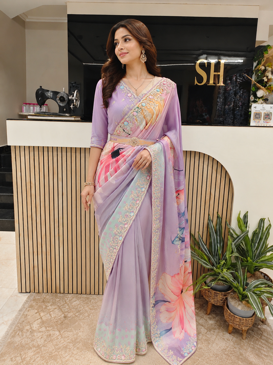 Lavender Tissue Saree
Floral Print Saree Women
Dori Work Saree India
Wedding Wear Saree Online
Luxury Festive Saree