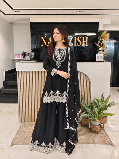 Black Georgette Sharara Set
Designer Sharara Suit
Wedding Wear Sharara
Festive Party Wear Ethnic Set
Georgette Designer Suit
