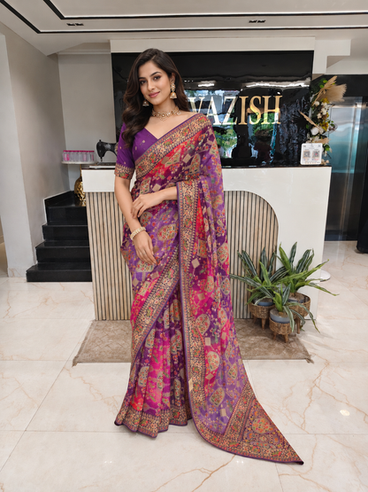 [Purple Georgette Saree, Flower Weaving Saree, Designer Saree for Women, Elegant Party Wear Saree, Luxury Sarees in Lucknow]