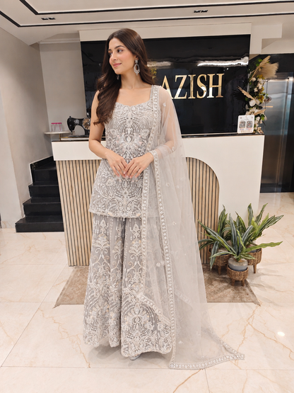 Grey Net Sharara Set
Designer Sharara Suit
Kutdana Work Sharara
Wedding Wear Sharara
Festive Party Wear Ethnic Set