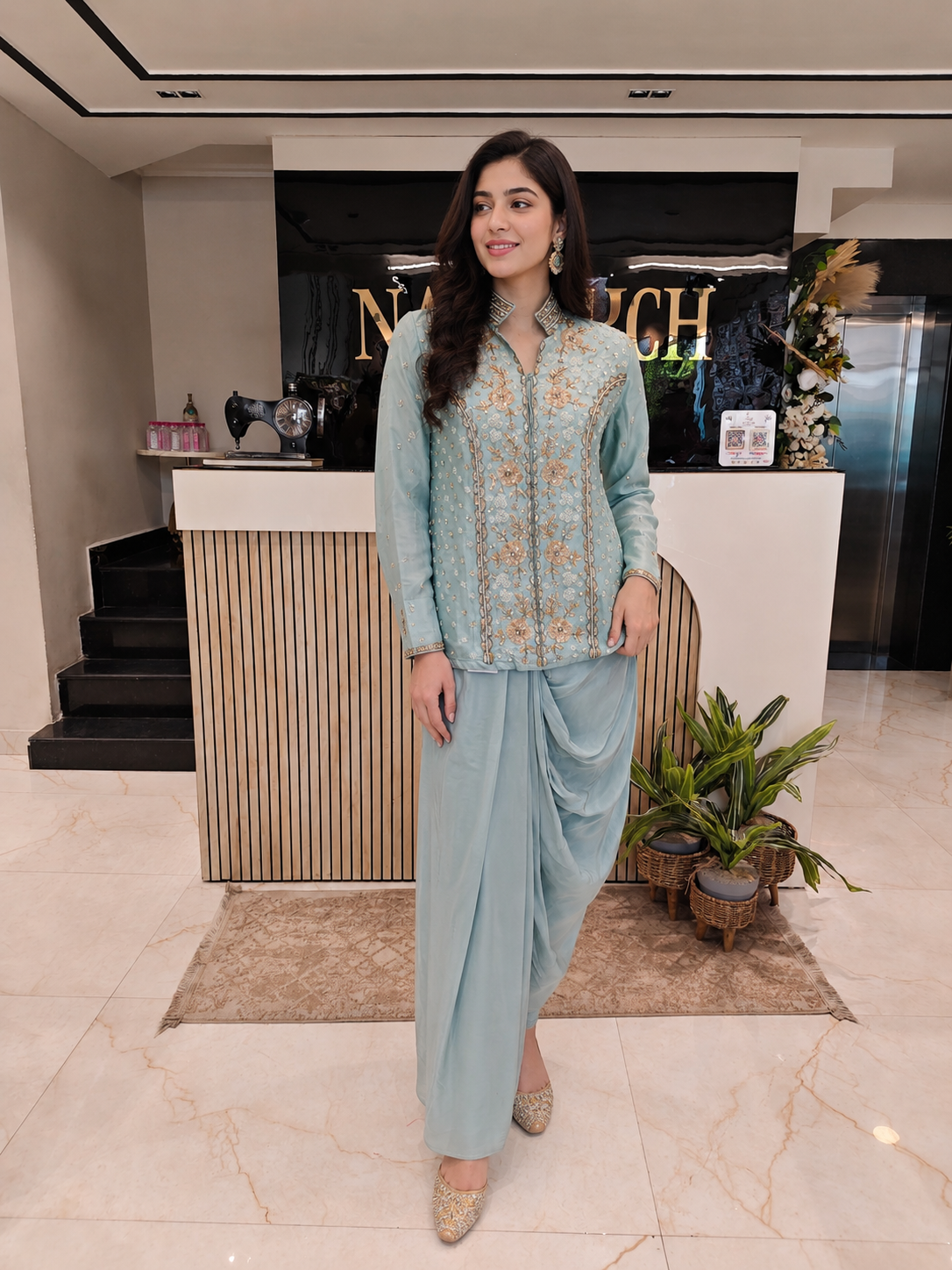 Sea Green Indo Western Set
Designer Drape Skirt Outfit
Kutdana Dabka Work Dress
Fusion Party Wear India
Contemporary Wedding Wear Women